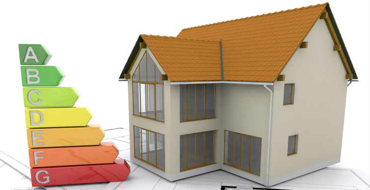 A 3D building with the energy efficiency diagram next to it.